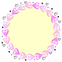 Hand drawn round frame, border from watercolor hearts. Romance symbol of love, background, decoration for invitation, Valentine's day, greeting card, wedding