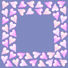Backgrounds, frames of watercolor hearts. Hand drawn. Love romance theme for birthday, Valentine's day, greeting card, wedding, print