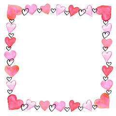 Hand drawn square frame, border from watercolor hearts. Romance symbol of love, background, decoration for invitation, Valentine's day, greeting card, wedding