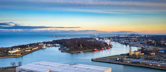 Aerial scenery of the Baltic Sea in New Port at sunset, Gdansk. Poland © Patryk Kosmider