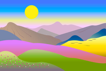 Mountain landscape, sunrise, abstract flat design.