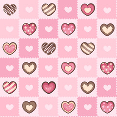 Seamless surface repeat vector pattern design with pink, cream and brown chocolate and strawberry heart shaped desserts on a checkered pink background suitable for Valentine's day, weddings and more