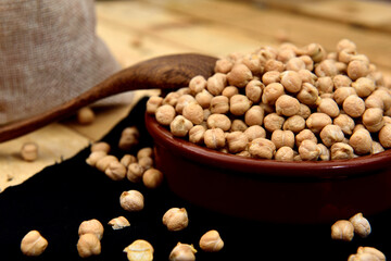 Organic chickpeas in a wooden bowl