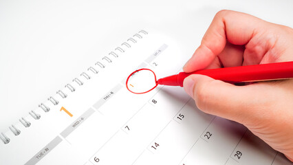 On January 1, the beginning of the new year, a red circle is marked to make a New Year's Resolution. Copy space.