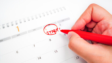 On January 1, the beginning of the new year, a red circle is marked to make a New Year's Resolution. Copy space.