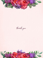 Floral card with copy space. Red roses, lilac, purple tulip on pastel textured grange background....