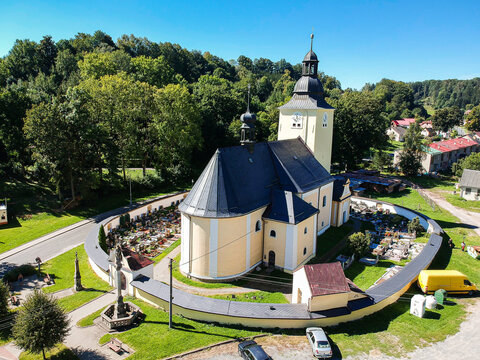 Aerial view of Church of St. Andrew in old german village Vendoli near Svitavy on the border between Czechia and Moravia