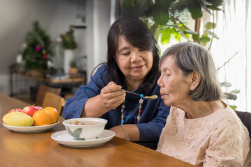 Daughter feeding elderly mother with soup. - 402820095
