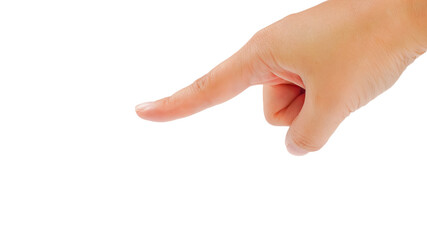 Female finger pointing or pressing something on a white background. Isolated on white background