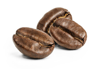 three coffee beans on white background isolate macro photo