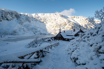 mountain shelter Samotnia in Karkonosze during snowy winter in Poland