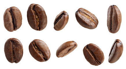 coffee beans unfolded in different sides macro photo isolate white background