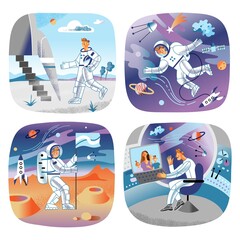 Astronaut traveling in spaceship at cosmos set. Happy man in rocket looking through window, departure scene, putting flag, talking with family. Moon and planet travel vector illustration