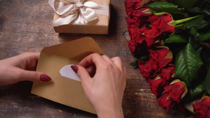 woman's hand open a craft envelope, pulls out a heart-shaped card with the text love. Gift concept for valentine's day, birthday,