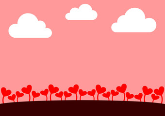 Scene include red heart shaped plants, soft pink sky and white clouds.