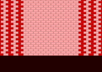 Red and soft pink pattern of wall with dark brown floor.