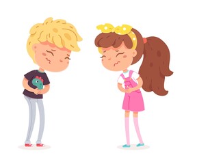 Girl and boy standing with pain in stomachs. Frustrated children with hurt face expressions. Negative emotion and distress vector illustration. Cute little kids in pain on white background