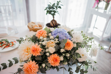 wedding table newlyweds with decor in the restaurant