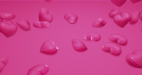 Pink cute falling polygonal hearts. Valentines Day. event background. 3D rendering 3D illustration