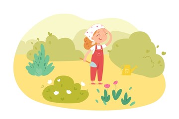 Obraz na płótnie Canvas Kid with spade helping in garden or park. Happy smiling girl standing and laughing. Childhood helper vector illustration. Fun leisure activity outdoor in summer or autumn