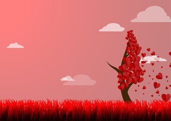 Vector : Tree and love leaves with grass and cloud