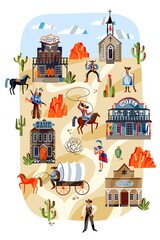 Naklejka premium Wild west characters in desert with cactus and rocks. Western american people in wilderness vector illustration. Horseman with lasso, man with wagon, sheriff, indian man, woman with rifle