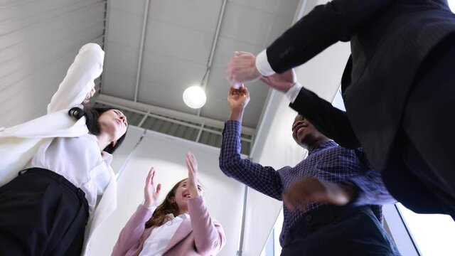 Diversity business group people stack hand together to celebrate work success, Unity amd teamwork concept