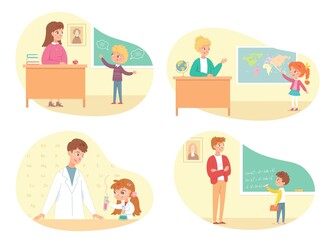 School lessons in class set. Kids with teachers in education vector illustration. Boy answering at literature class, solving math problem, pointing at map at geography, chemistry experiment