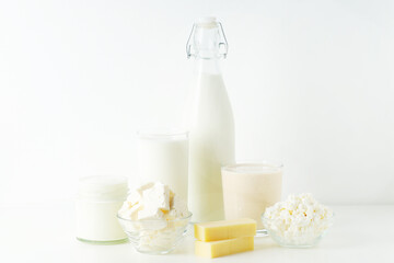 Different milk products: milk, cheese and yoghurt