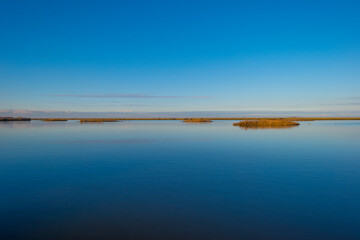 Shore of a blue lake in wetland under a bright blue sky, Almere, Flevoland, The Netherlands, January 1, 2021