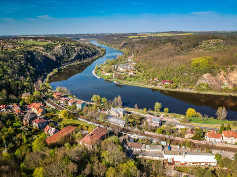 Aerial view of village Sedlec Suchdol, part of Prague 6 with Vltava river in direction to Roztoky