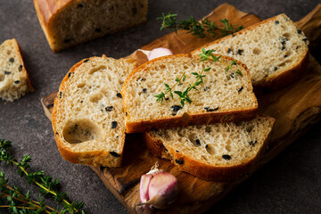 Italian ciabatta bread with olives and herbs