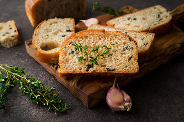 Italian ciabatta bread with olives and herbs