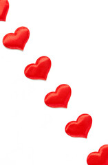 Valentine day background with red hearts, flat lay with copy space