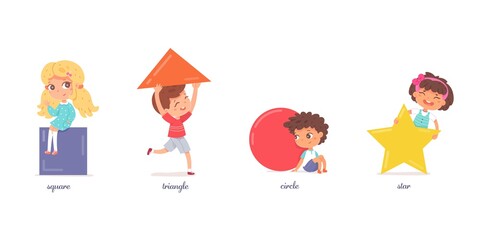 Cute kids holding geometric shapes set. Primary school education worksheet vector illustration. Little boys and girls with square, triangle, star and circle on white background