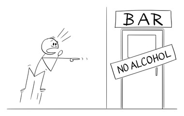 Vector cartoon stick figure illustration of shocked man who just found that his pub or bar is out of alcohol. Concept of alcohol addiction.