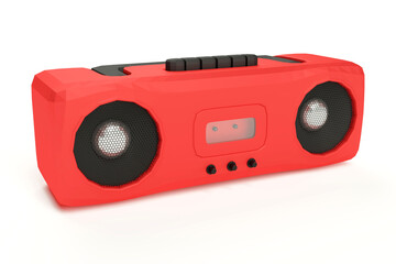 Red plastic music audio tape recorder low poly style isolate on white background, 3D rendering