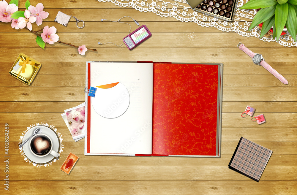 Poster notebook with pen and paper, space for text