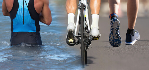 Triathlon swim bike run triathlete man for ironman race concept. Three pictures composite athlete running, biking, and swimming in sea - obrazy, fototapety, plakaty