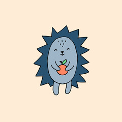 Hedgehog with an apple in his paws. Colorful vector hand-drawn doodle illustration.