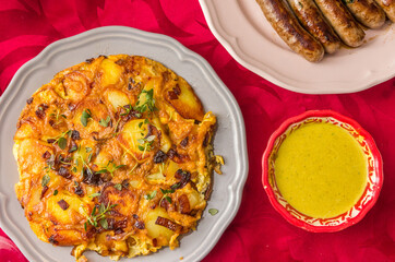 Traditional spanish tortilla with sausages and curry sauce