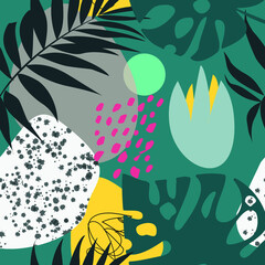 pattern with abstraction elements and tropical leaves