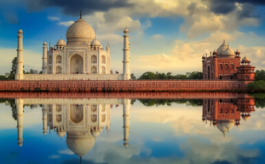 Taj Mahal with a vibrant sunset sky on the banks of river Yamuna. Taj Mahal is a white marble...