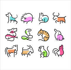 Happy chinese new year, vector chinese new year icons, chinese calendar animals with color