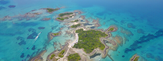 Fototapeta na wymiar Aerial drone ultra wide panoramic photo of exotic paradise island complex forming an atoll archipelago 