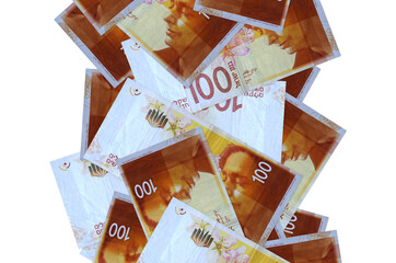 100 Israeli new shekels bills flying down isolated on white. Many banknotes falling with white...
