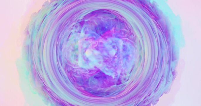 Smoke swirl. Spiritual portal. Ink water circle mix. Colorful iridescent blue pink purple fume cloud round frame hypnotic motion on light abstract background.