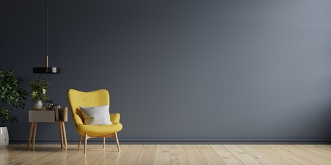 The interior has a yellow armchair on empty dark wall background.