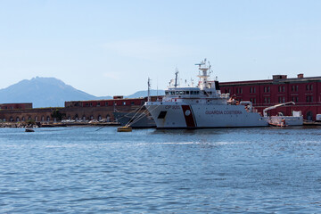 Naples, Italy - July 14, 2019: Dattilo-class patrol boat - an italian coast guard vessel, which have responsibility for enforcement of shipping, maritime safety regulations, search and rescue duties.