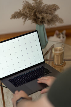 Man's hand on laptop's keyboard with blank screen mock-up for your design at home office with cat in blurry background with free space for custom text about business
